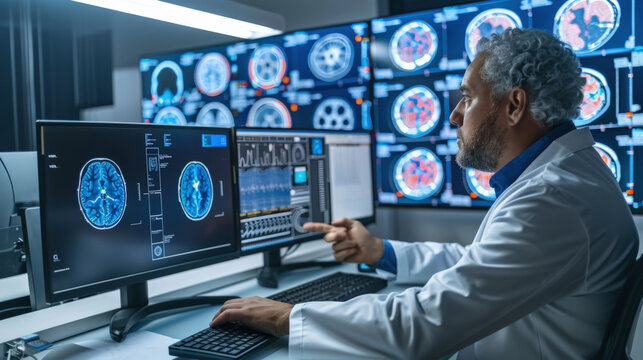 A senior medical professional examines MRI results on a computer screen in a high-tech lab