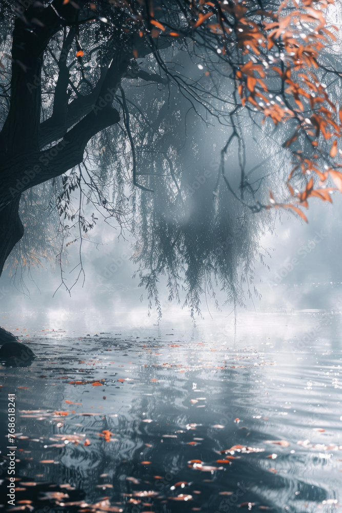 Poster a foggy lakeside scene with a tree's branches extending over calm water, autumn leaves adding a touc