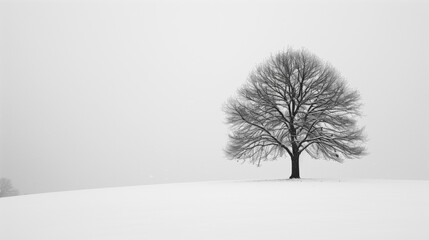 Discover the beauty of a solitary tree amidst a snow-covered landscape, its branches adorned with snow, atop a serene snowy hill.