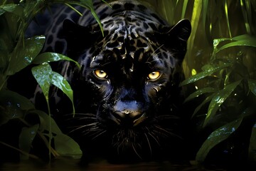 Panther fur in the shadowy depths, seamlessly blending into the mysterious rainforest