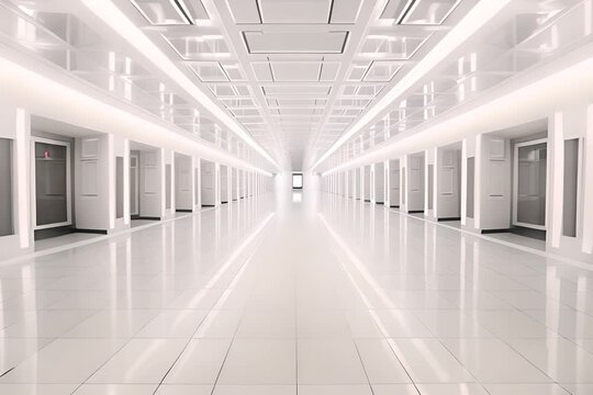 Long white corridor with many doors extends through a modern office building