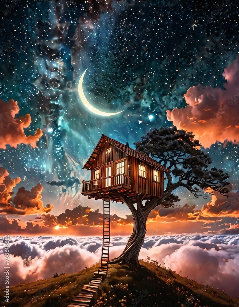 Poster a whimsical treehouse perched atop a tree, with a staircase leading to a celestial scene of stars an