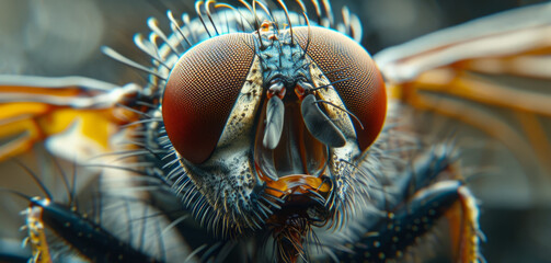 Extreme close-up of a housefly with detailed compound eyes, vibrant colors, and fine hairs on the head and thorax, showcasing intricate biological structures.