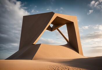 square structure is standing in the desert, made of sand. The sky is full of clouds. - 768618817