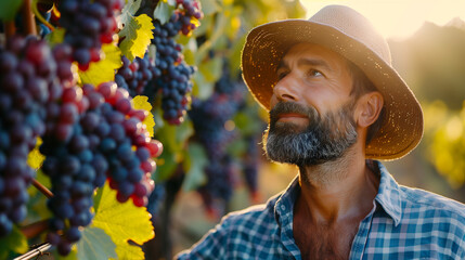An experienced winemaker examines lush grape clusters in a vineyard, the warm sunset casting a...