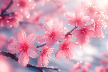 雨上がりに太陽の光を反射する神々しい桜 - obrazy, fototapety, plakaty