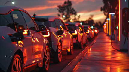 Electric vehicles charging at a station during twilight, with focus on the reflective surfaces and illuminated charging ports, showcasing a lineup of eco-friendly transportation.