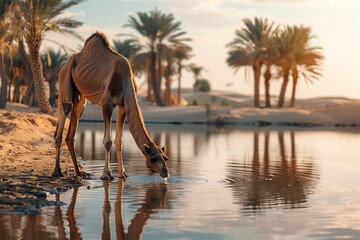 Camel Drinking Water From Oasis - obrazy, fototapety, plakaty
