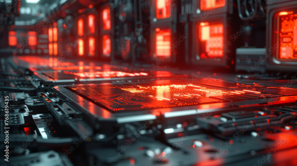Aufkleber close-up view of a futuristic red glowing circuit board with high-tech elements, showcasing an abstr