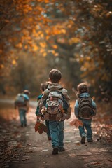 Group of Children Walking in Woods
