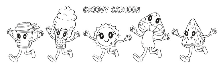 Hand drawing doodle of groovy cartoon monochrome. Funny retro cartoon walking and greeting. Character with hand up. Cartoon smile face emoji and happy sticker of 70s 80s style vector.