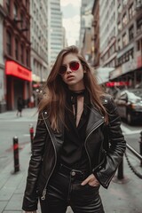 Fototapeta na wymiar Woman Wearing Black Leather Jacket and Sunglasses