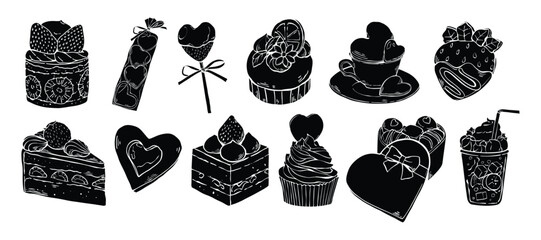 Silhouette art dessert set. Cake black glyph. Black tattoo set of cake, Cupcake, cookie, chocolate, isolated on white background, Beautiful icon sweet food collection. Vector illustration for design.
