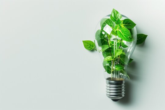 Green Leaves Sprouting from Lightbulb on Neutral Background

