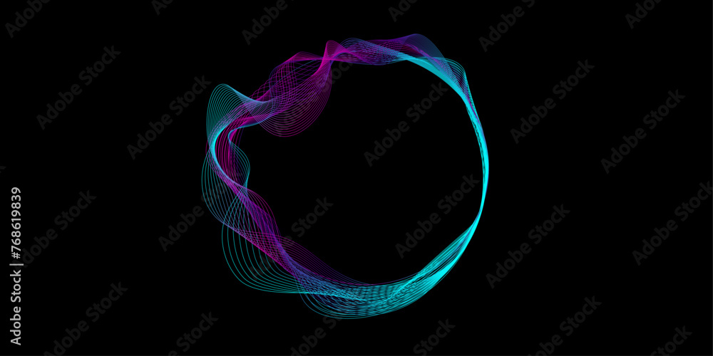 Poster glowing round frame of circle wavy lines pattern in blue purple colors isolated on black background.