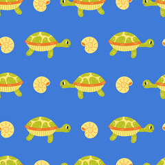 Turtle and sea shell seamless pattern. Cute colorful summer repeat vector illustration with tortoise character on blue background. Modern childish print for fabric wallpaper