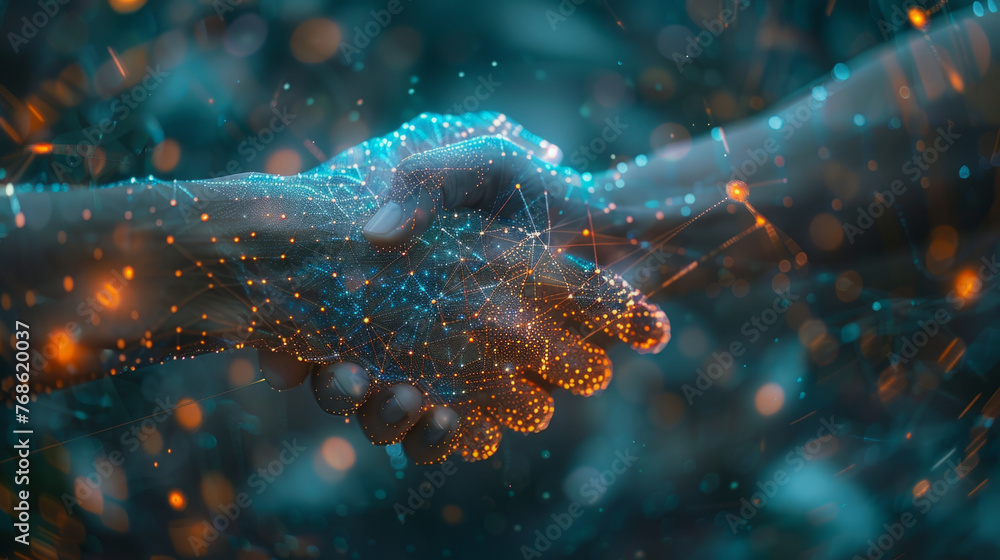 Aufkleber close-up of two hands reaching towards each other with digital network connections and glowing dots 