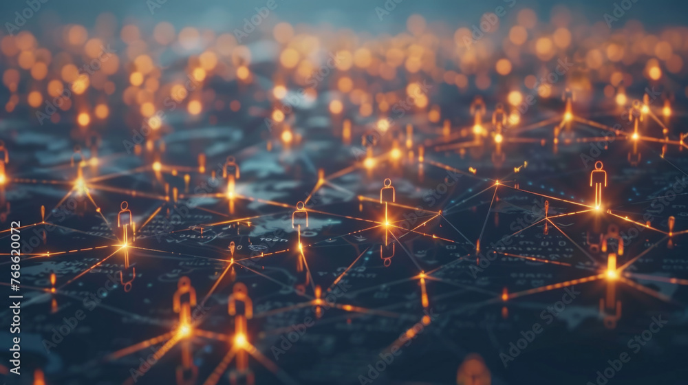 Poster networking people. a digital illustration of a network with interconnected nodes and human icons ill
