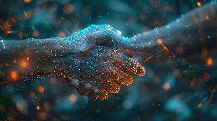 Close-up of two hands reaching towards each other with digital network connections and glowing dots outlining the hand contours against a cool-toned bokeh background.
