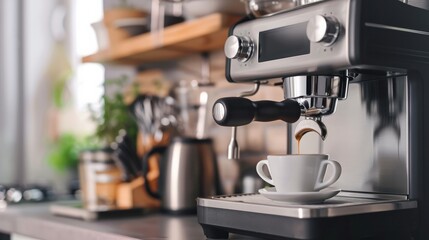 Modern espresso machine with a cup in a home kitchen.