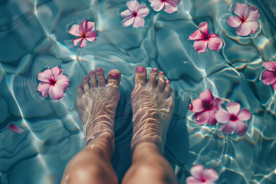 Pink Petal Purity: Captivating Image of Woman's Feet Submerged Amid Floating Blossoms