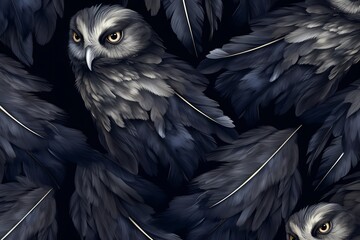 Owl feathers arranged in a seamless pattern, capturing the essence of nocturnal elegance