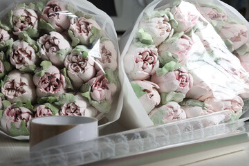 Two marshmallow bouquets. Marshmallow flowers. Marshmallow tulips. Homemade marshmallows.