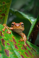Obraz premium Yellow Frog Sitting on Top of Green Leaf