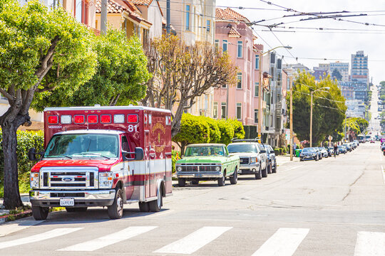 Firetruck parked on the street in San Francisco. SFFD