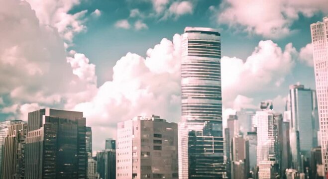 3d view of tall skyscrapers in the city, sunny and cloudy