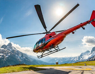 Fototapeta na wymiar flying landing rescue red helicopter emergency medic aerial help