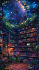 Obraz premium A room filled with numerous books on shelves, a ladder on the left, a swing at the right, a starry night sky on the ceiling, and plants growing on the shelves. AI Generated
