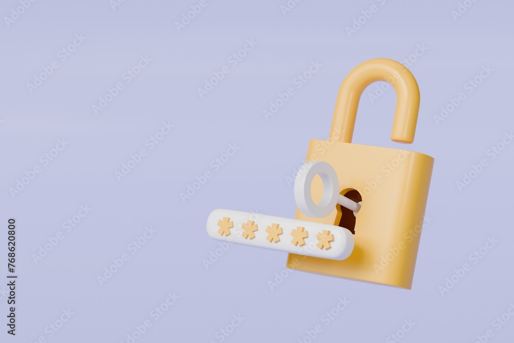 Poster 3d yellow padlock with password and key icon on isolated. data protection, private access icon, pass