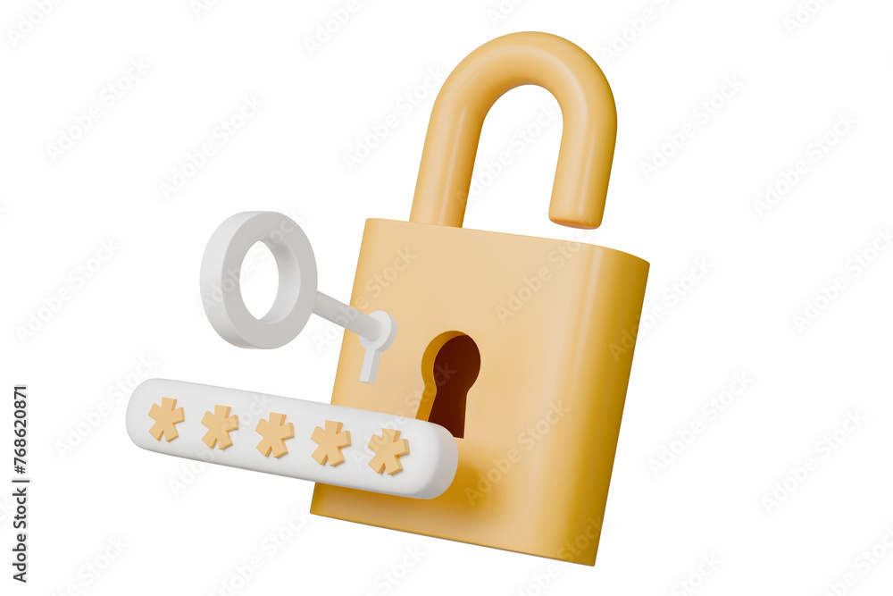 Poster 3d yellow padlock with password and key icon on isolated. data protection, private access icon, pass