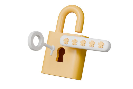 3d Yellow Padlock with password and key icon on isolated. Data protection, private access icon, password security access, privacy protection, personal information. Security concept. 3d rendering.