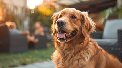 A loyal dog, with a family playing in the backyard as the background, during a joyous gathering