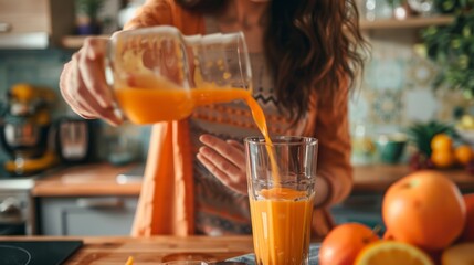 A young woman fills a glass with fresh juice at a kitchen table, a close-up view.