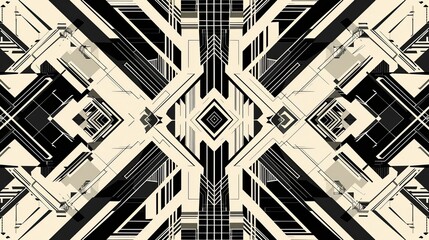 A black and white vector pattern with geometric shapes, symmetrical lines, straight angles