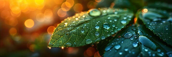 Large beautiful drop of transparent rain water on green leaf macro. Drops of dew in morning glow in sun. Beautiful leaf texture in nature. - 768621610