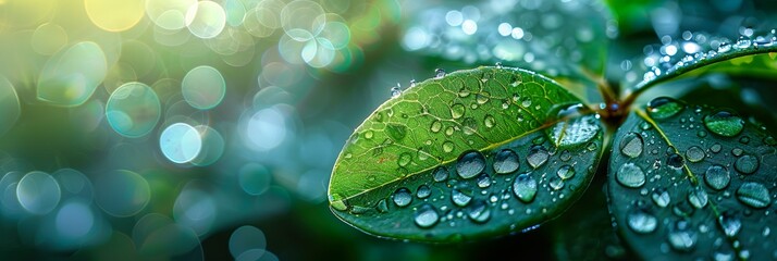 Large beautiful drop of transparent rain water on green leaf macro. Drops of dew in morning glow in sun. Beautiful leaf texture in nature. - 768621633