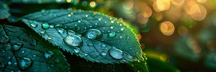 Large beautiful drop of transparent rain water on green leaf macro. Drops of dew in morning glow in sun. Beautiful leaf texture in nature. - 768621649