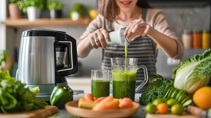 A woman is using a juicing machine to make a healthy green juice in her kitchen. This vegan diet is detoxifying and uses cold-pressed extraction to maximize nutrient intake for a nutritious smoothie.
