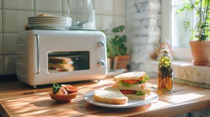 A toaster with plates and sandwiches sits on a bright kitchen table.