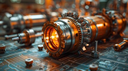 Steampunk Quantum Engine Glowing with Orange Light on High-Tech Circuit Board in Advanced Laboratory