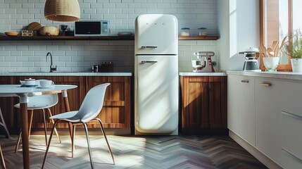 A stylish, modern kitchen with a retro refrigerator