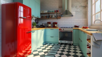 A stylish, modern kitchen with a retro refrigerator - obrazy, fototapety, plakaty