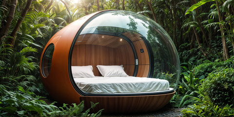 spherical pod with a transparent roof is situated in the middle of a forest. It contains a white bed with two pillows and a white duvet. The pod is made of wood and has a round window on one side - 768622044