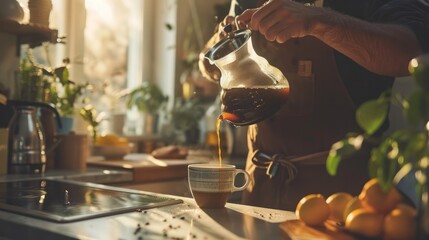 A man is in the kitchen making a cup of coffee. He is pouring hot filtered coffee from a glass pot into a mug. He is having breakfast in the morning.