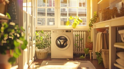 A laundry room with a washing machine near a window at home.