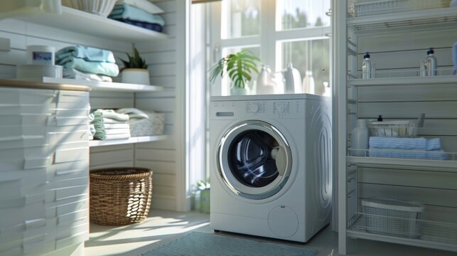 A laundry room with a washing machine near a window at home.